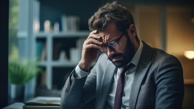 Foto homem de negócios em depressão sentado em seu escritório de trabalho segurando a cabeça com a mão sofrendo de estresse por excesso de trabalho ou perda de emprego