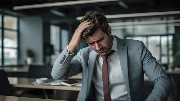 Homem de negócios em depressão sentado em seu escritório de trabalho segurando a cabeça com a mão sofrendo de estresse por excesso de trabalho ou perda de emprego