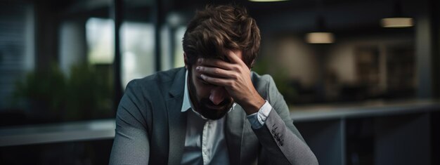 Foto homem de negócios em depressão sentado em seu escritório de trabalho segurando a cabeça com a mão, sofrendo de excesso de trabalho, estresse ou perda de emprego