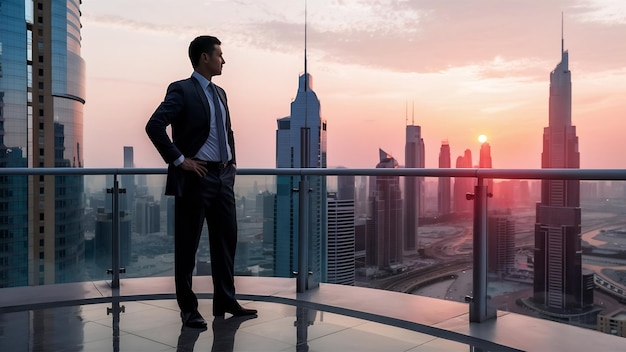 Homem de negócios em Dubai ao pôr do sol