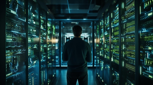 homem de negócios em um centro de dados com um laptop em uma sala de servidores
