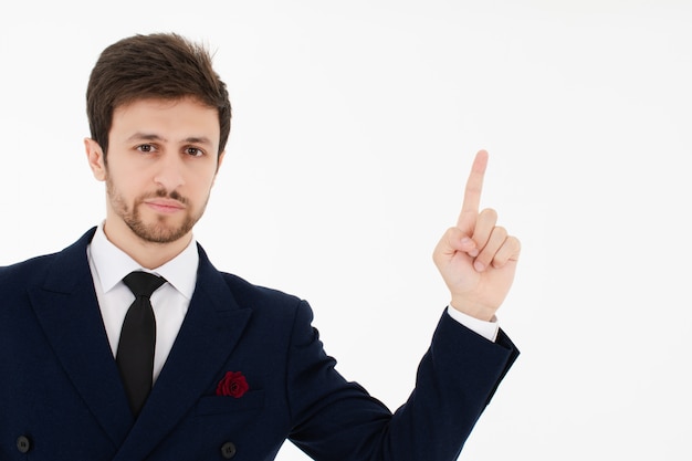 Foto homem de negócios esperto e fundo isolado branco.