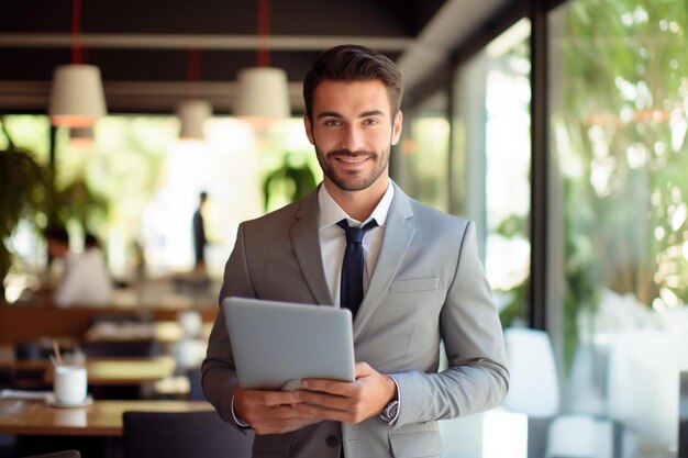 Homem de negócios feliz de pé com um tablet no refeitório do escritório