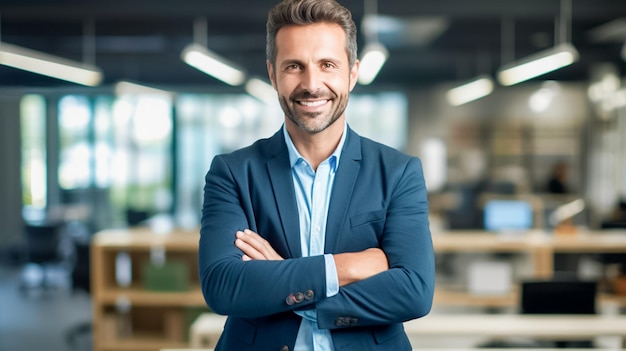 Homem de negócios feliz de pé no escritório com terno sorridente gerente executivo profissional AI gerado