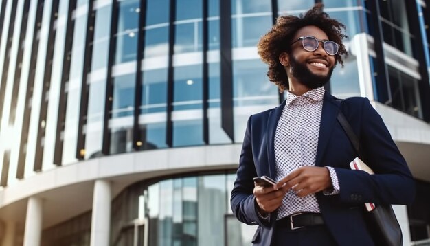 Homem de negócios feliz do lado de fora de um prédio de escritórios