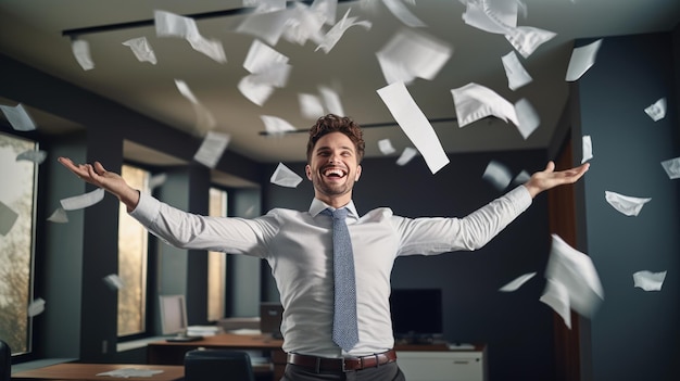 Homem de negócios feliz jogando papéis no ar como um sinal de vitória e sucesso em seu trabalho