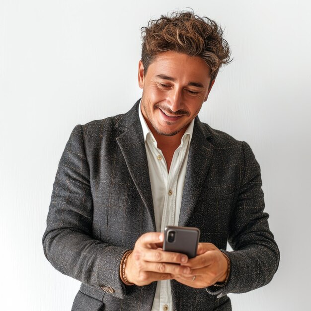 Foto homem de negócios idolo bonito com roupas bonitas olhando para um celular sorrindo em fundo branco