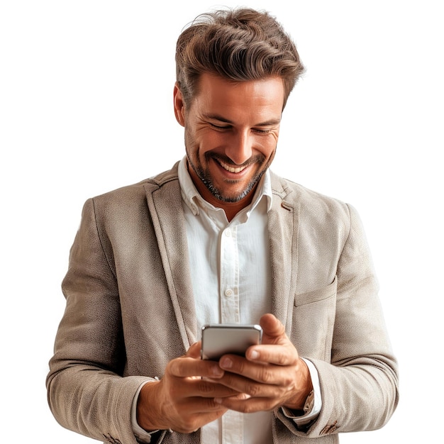 homem de negócios idolo bonito com roupas bonitas olhando para um celular sorrindo em fundo branco