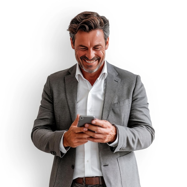 Foto homem de negócios idolo bonito com roupas bonitas olhando para um celular sorrindo em fundo branco