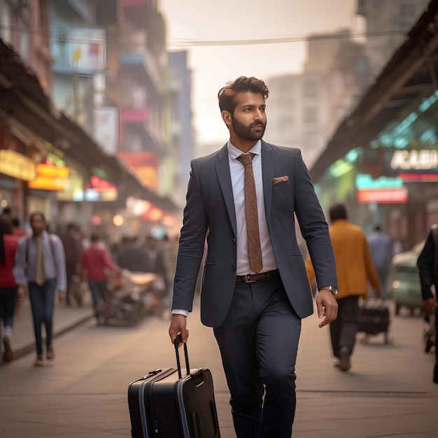 Homem de negócios indiano com mala na mão andando