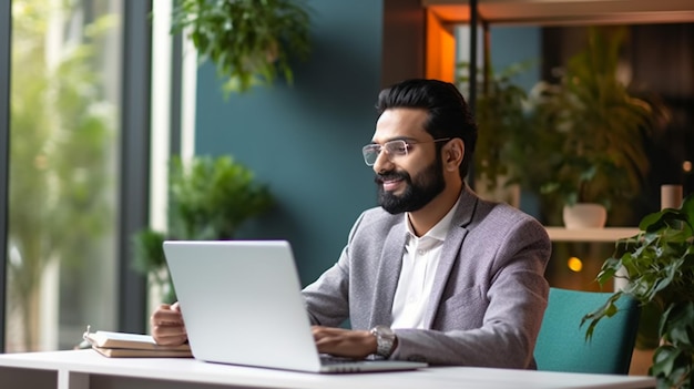 Homem de negócios indiano sorridente trabalhando em laptop no escritório em casa Jovem estudante indiano ou professor remoto