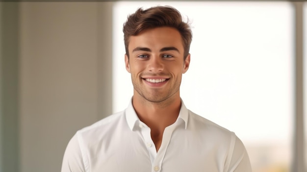 Homem de negócios jovem e sorridente posando em fundo de cor suave Generative AI