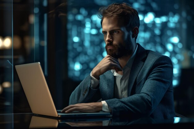 Homem de negócios laptop e pensamento leitura ou decisão on-line escolha ou solução de dados de software