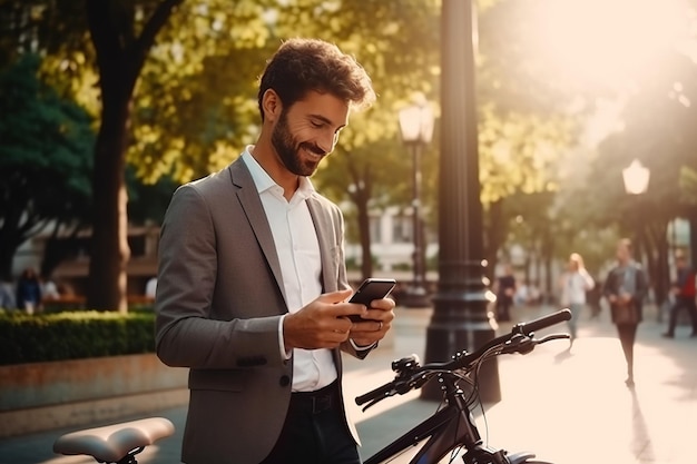 Homem de negócios latino segurando smartphone usando aluguel de bicicleta