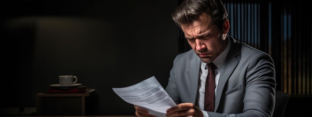 Foto homem de negócios lê um contrato em seu escritório homem de negócios lê um aviso de demissão