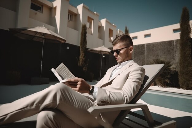 Homem de negócios lendo um livro em uma cadeira de sol perto da piscina