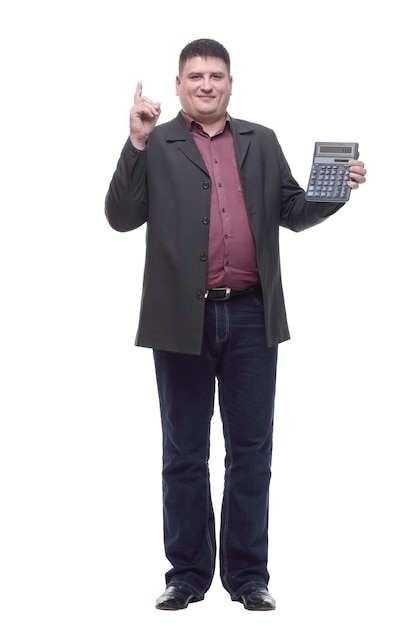 Homem de negócios maduro com uma calculadora isolada em um branco
