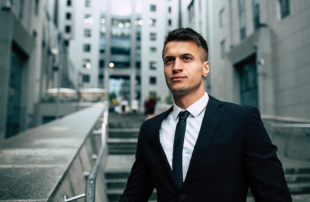 Homem de negócios moderno atraente em um terno preto fica com um olhar sério na frente dele contra o pano de fundo da cidade
