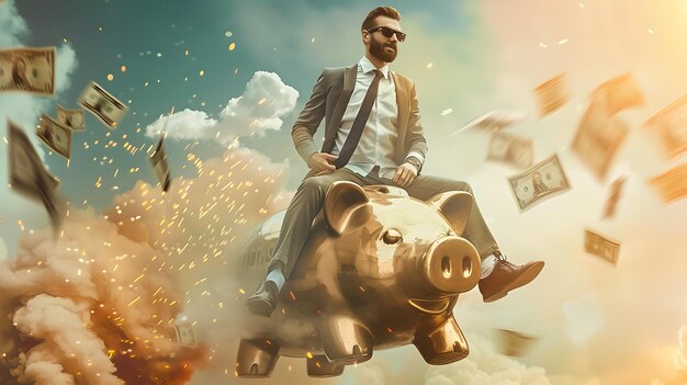 Foto homem de negócios monta porquinho voador no céu imagem de finanças conceituais sucesso e visualização de riqueza tema de investimento surreal foto ai