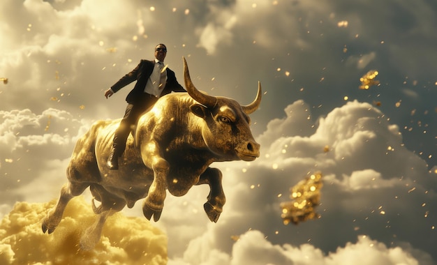 homem de negócios montando um touro dourado com em uma posição altíssima arte generativa ai