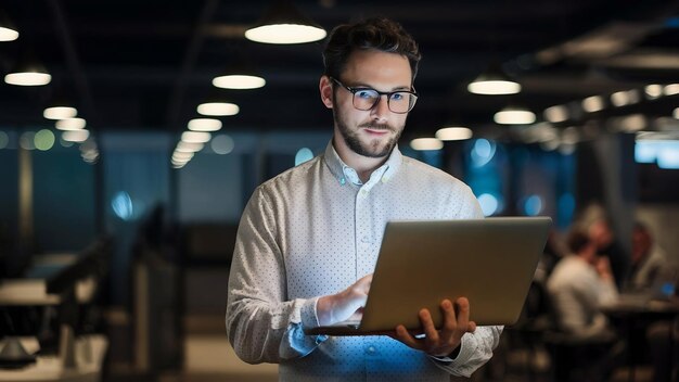 Foto homem de negócios mostrando laptop