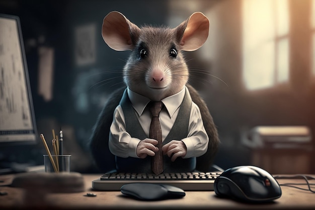 Foto homem de negócios mouse em um terno no escritório no computador