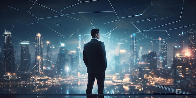 Homem de negócios na cidade de rede futurista prosperando na era digital