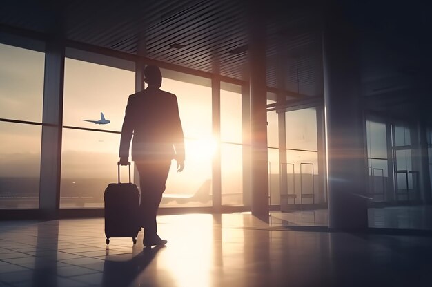 Foto homem de negócios no aeroporto internacional se movendo para o portão do terminal para uma viagem de avião rede neural gerada por ia