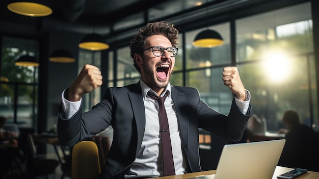 Homem de negócios no escritório alegremente levanta as mãos para cima celebrando a vitória e o sucesso em seu trabalho