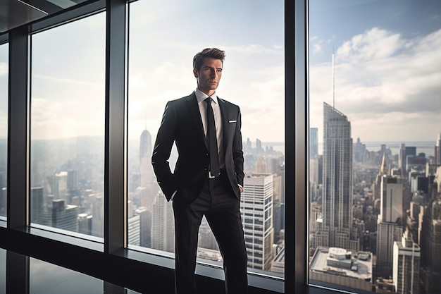 Homem de negócios no escritório moderno localizado dentro de um arranha-céu
