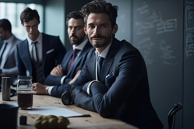 Homem de negócios no escritório posando para foto IA generativa