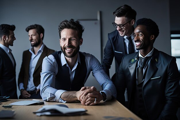 Homem de negócios no escritório posando para foto IA generativa