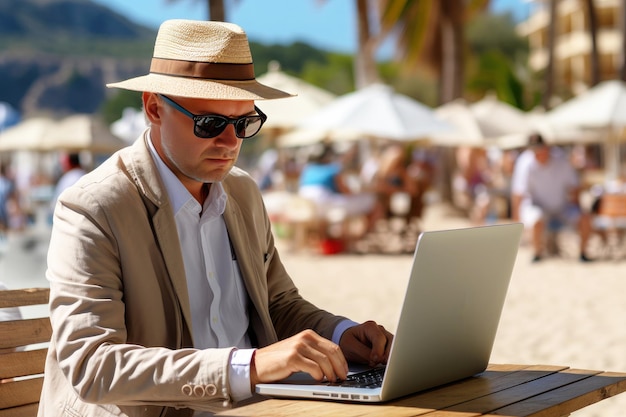 Homem de negócios no terno de negócio que trabalha em um computador na praia