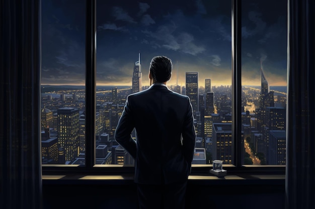 Homem de negócios observando a paisagem urbana do crepúsculo