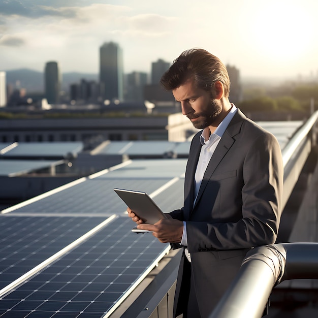 Foto homem de negócios olhando para um tablet na frente de painéis solares no telhado