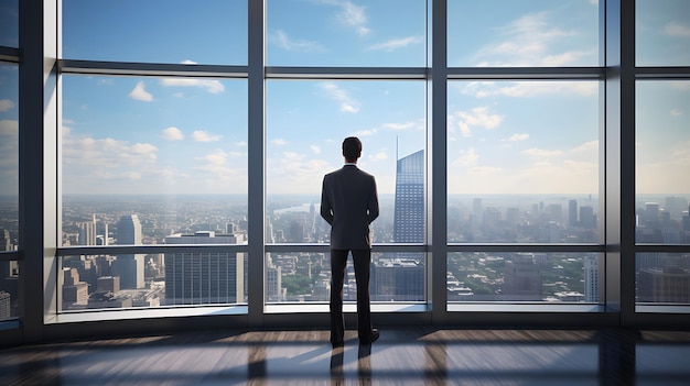 Homem de negócios olhando por uma janela de um prédio alto