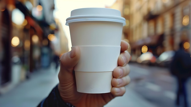 Homem de negócios preparando-se para sair com uma xícara de café de papel brancoUm modelo de uma xícera de café em uma caixa de cartão limpaModelo horizontal de fundo bruto AI geradora
