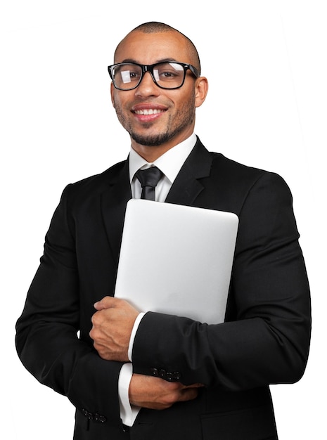 Foto homem de negócios preto com laptop