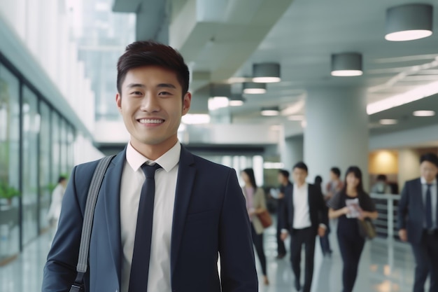 Homem de negócios profissional asiático jovem de pé e sorriso em desfocar o fundo do escritório