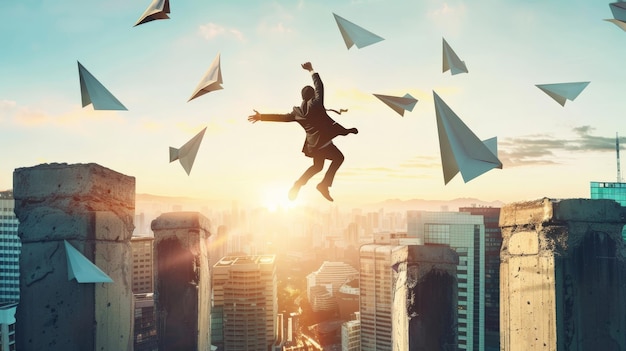 Foto homem de negócios pulando sobre a lacuna com aviões de papel voando em ponte de concreto como símbolo de superar desafios cityscape com luz solar no fundo