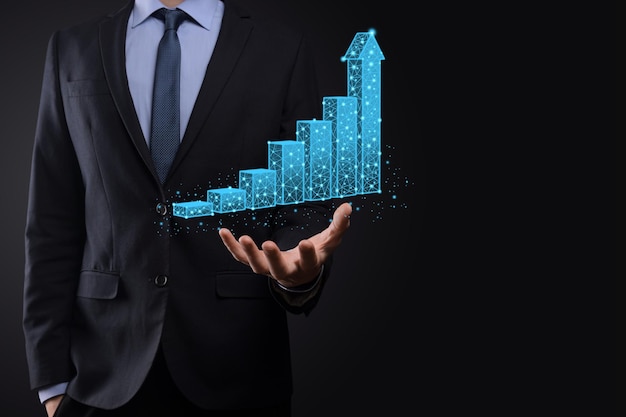 Homem de negócios, segurando gráficos 3d, estatísticas de baixa poligonais e do mercado de ações ganham lucros. conceito de planejamento de crescimento, estratégia de negócios. conceito de crescimento econômico. estratégia de negócios. marketing digital.