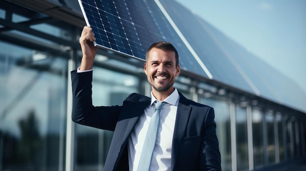 Foto homem de negócios segurando painel solar por janela de vidro no escritório