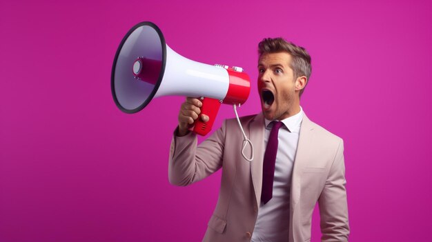 homem de negócios segurando um megafone de pé