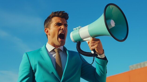 homem de negócios segurando um megafone de pé