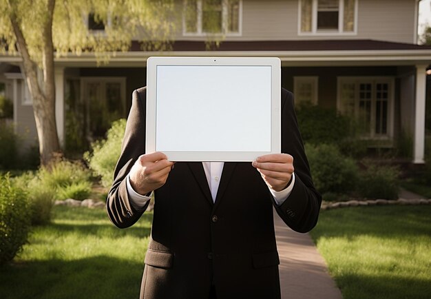 Foto homem de negócios segurando um tablet com tela em branco na frente de sua casa