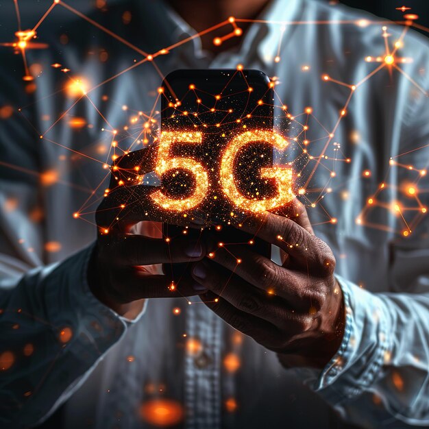 Foto homem de negócios segurando um telefone móvel com holograma de sistemas sem fio de rede 5g