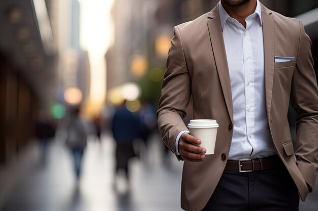 homem de negócios segurando uma chávena de café caminhando por uma rua O foco é no homem de negócios e a rua é ligeiramente borrada