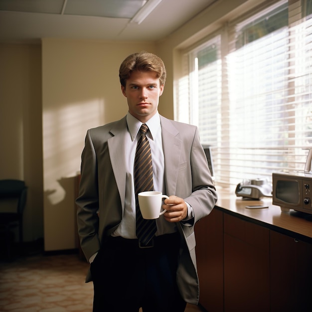 Foto homem de negócios segurando uma xícara de café quente no escritório imagem gerada pela ia