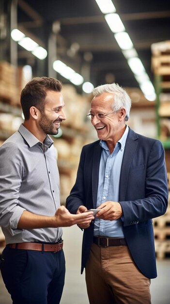 Foto homem de negócios sênior discutindo com um colega sorridente em uma fábrica de carpintaria