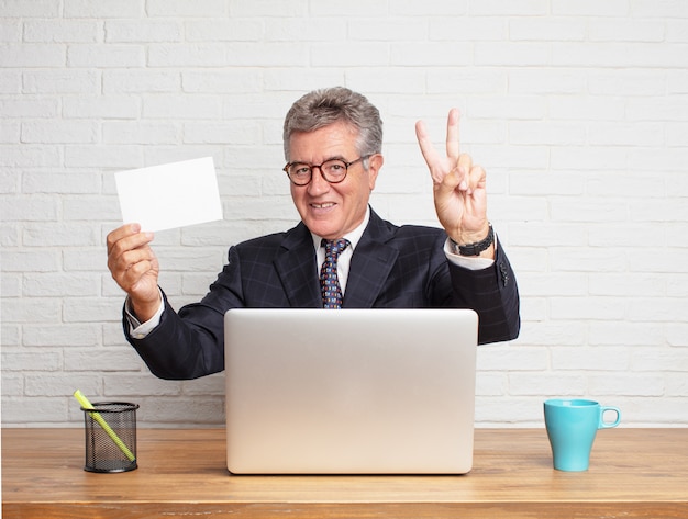 Homem de negócios sênior trabalhando com seu laptop e segurando um pequeno